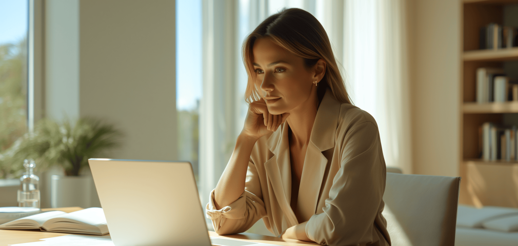Rear view image of a woman sitting alone on a bed in bedroom